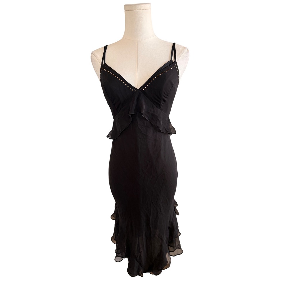 Victorias Secret Black Ruffle Midi Slip Dress Studded V-Neck Size M